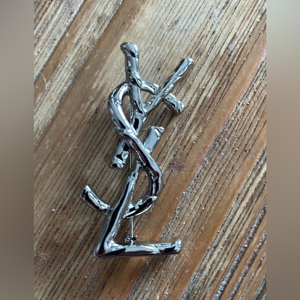 YSL Metallic Silver Fashion Logo Brooch